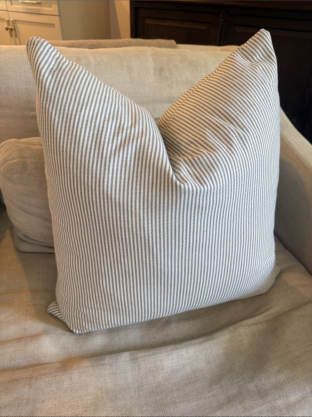 Gray blue stripe/ticking accent pillow